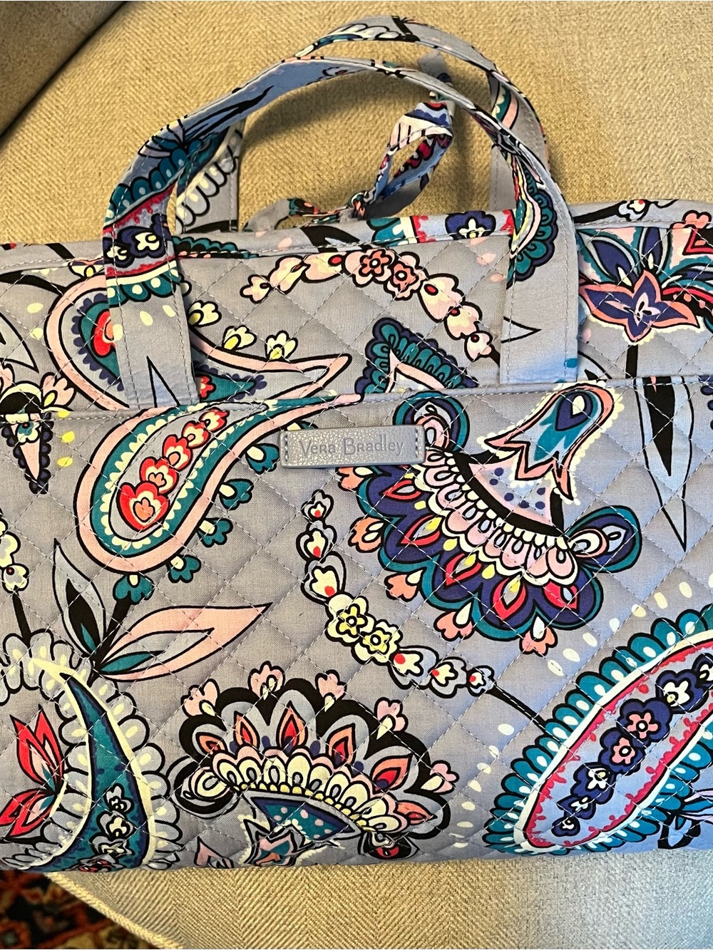 Vera Bradley Gray Quilted Paisley Hanging Travel Tote with Teal & Pink Accents
